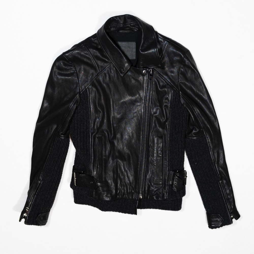 AllSaints Axel Blazer Motorcycle Biker Genuine Leather Wool Knit Black Jacket 6
